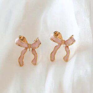 Brand New Pink Enameled Bow Earrings with Gold Lining